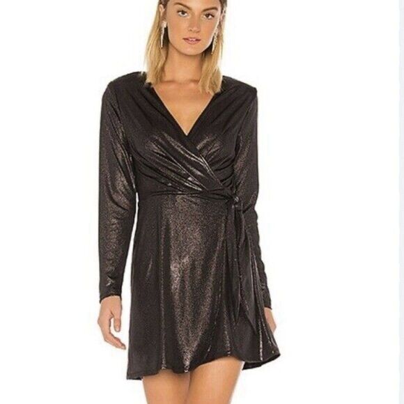 BCBGENERATION Womens Black Metallic Long Sleeve Wrap Dress Small Whimsigoth - Picture 3 of 7
